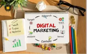 Notebook with digital marketing strategy written on it, surrounded by stationery items and glasses on a desk best digital marketing strategist in kerala