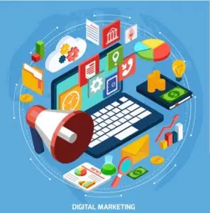 Illustration of digital marketing strategy with laptop, megaphone, and social media icons best digital marketing strategist in kerala