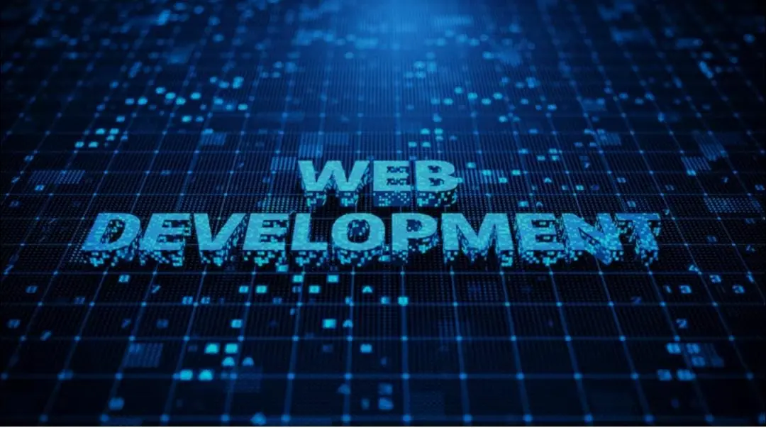 An image with a modern digital technology background with a web development quote